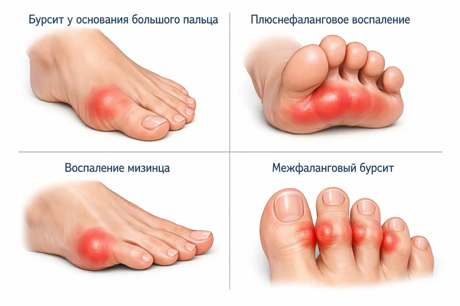 Виды бурсита пальцев ног: бурсит большого пальца, плюснефаланговое воспаление, воспаление мизинца и межфаланговый бурсит