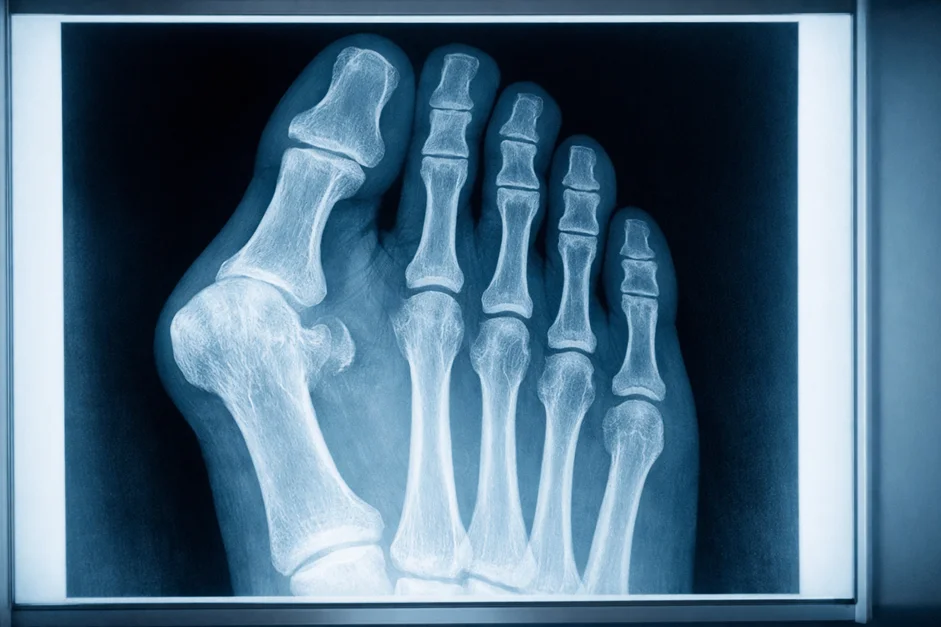 Рентгенограмма стопы с вальгусной деформацией большого пальца при бурсите