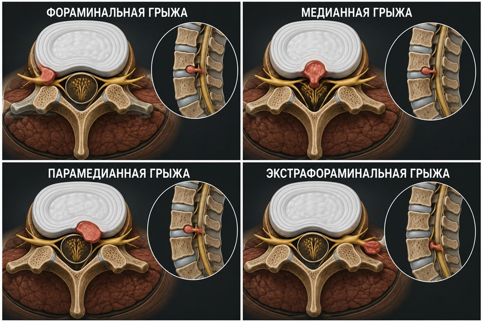 Фораминальная, медианная, парамедианная и экстрафораминальная грыжи