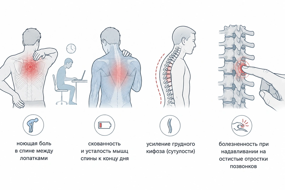 Основные симптомы грыжи Шморля в грудном отделе