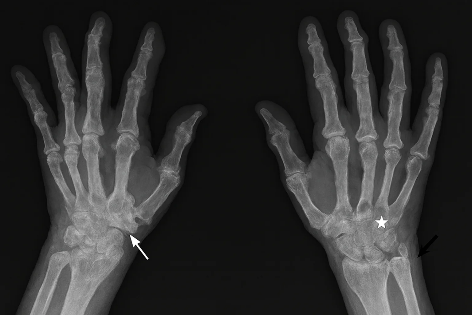 Рентген кистей при ревматоидном артрите с признаками суставных изменений