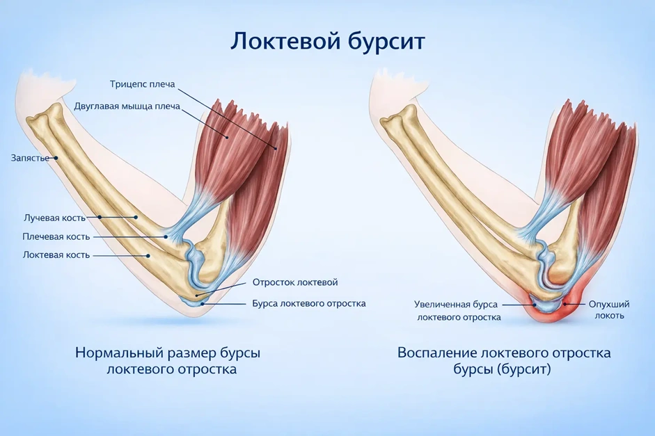 Здоровый локоть и локоть с бурситом