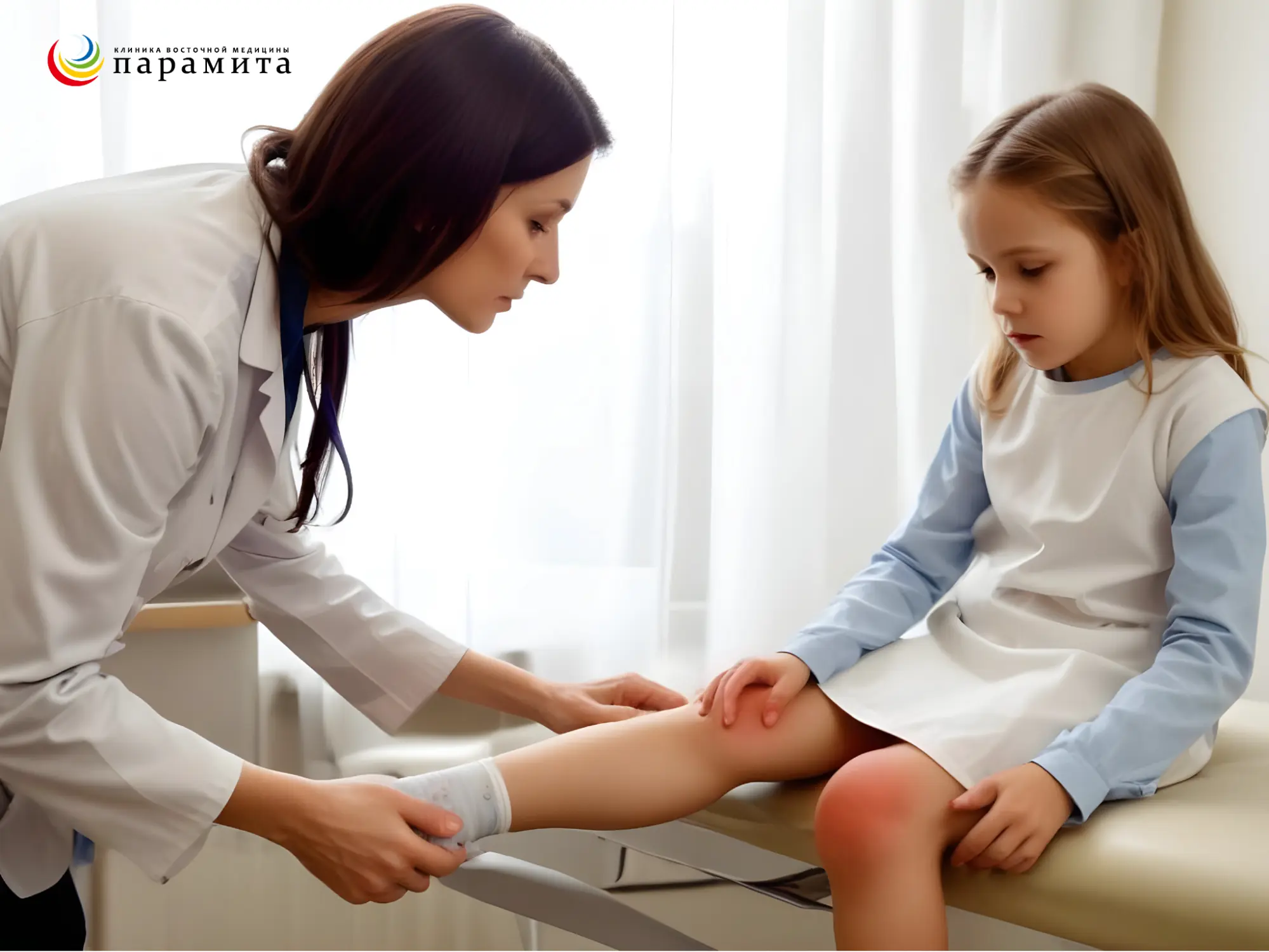 Осмотр коленного сустава у ребенка при диагностике ювенильного идиопатического артрита